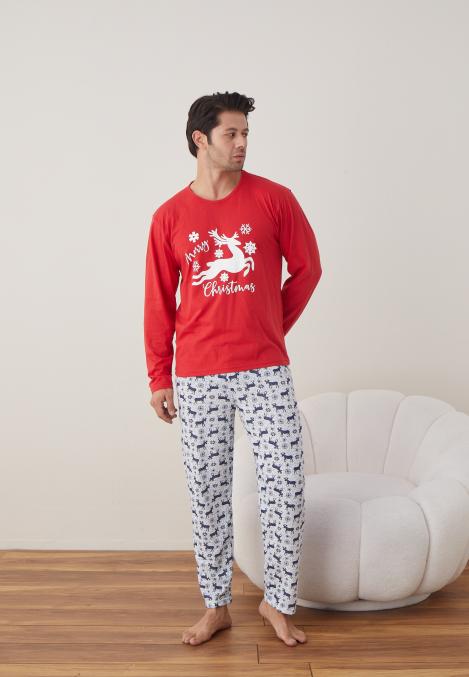 Pijama barbati Craciun "Chrystmas Merry" , maneca lunga ,pantaloni lungi,Culoare Rosu ,Engros